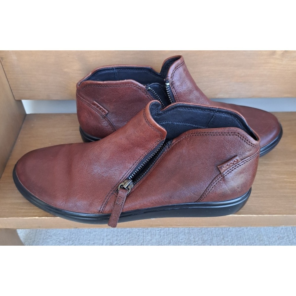 ECCO Women's Soft 7 Low Bootie‎ Shoes Comfort Brown Leather Flat Size Zipper 8.0